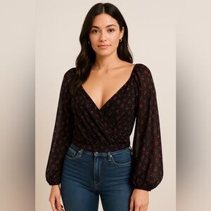 Free People Sheer Black Top with Pink Floral Design